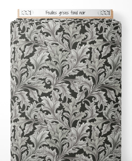 Tissu - Feuilles grises sur fond noir