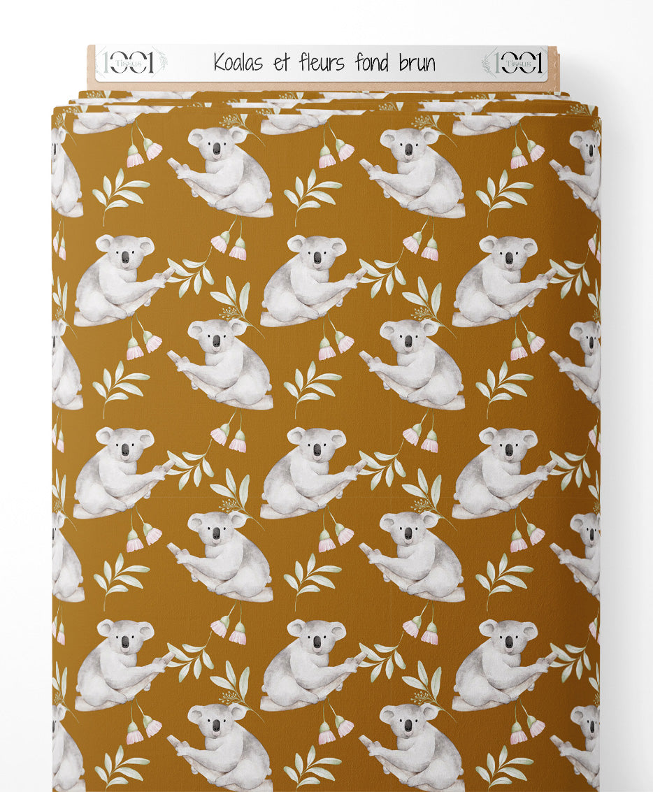 Tissu - Koalas et fleurs sur fond brun