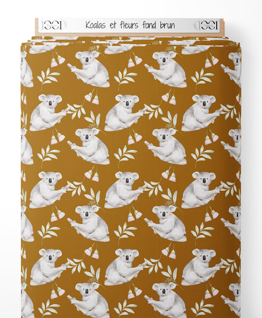 Tissu - Koalas et fleurs sur fond brun