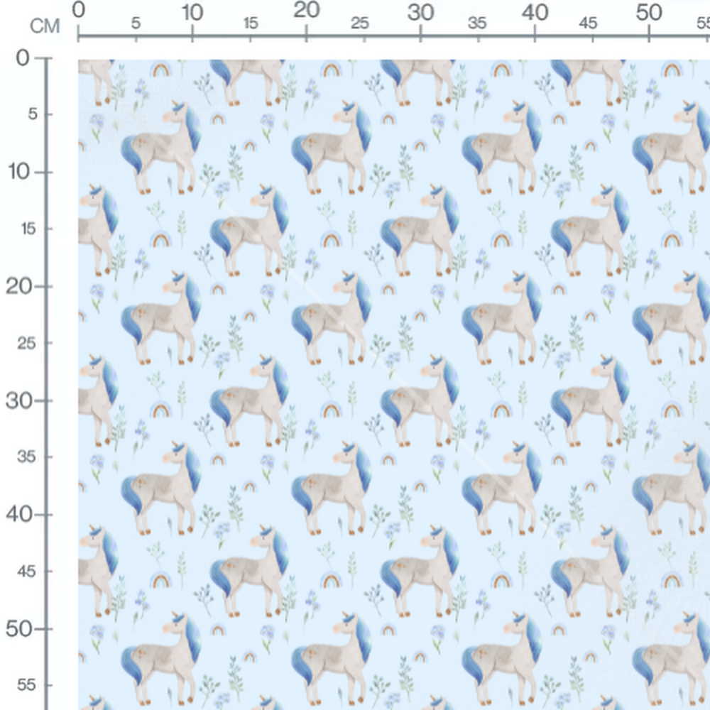 Tissu - Licornes grises sur fond bleu clair