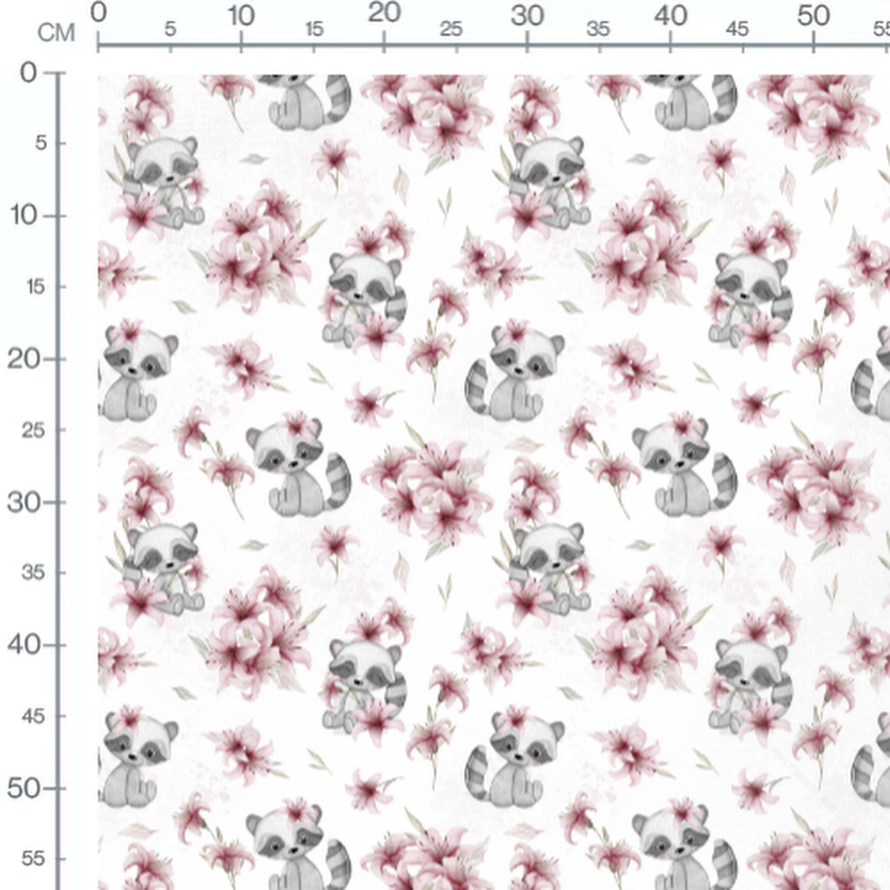 Tissu - Raton laveur et fleurs roses