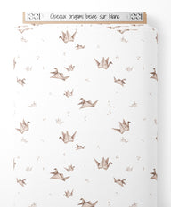 Tissu - Oiseaux origami beige sur blanc