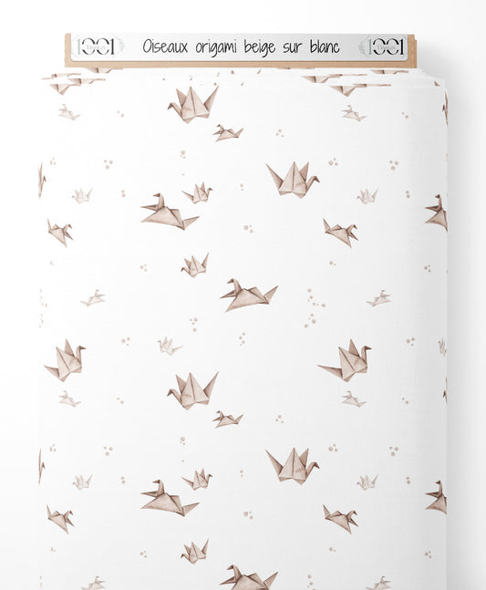 Tissu - Oiseaux origami beige sur blanc