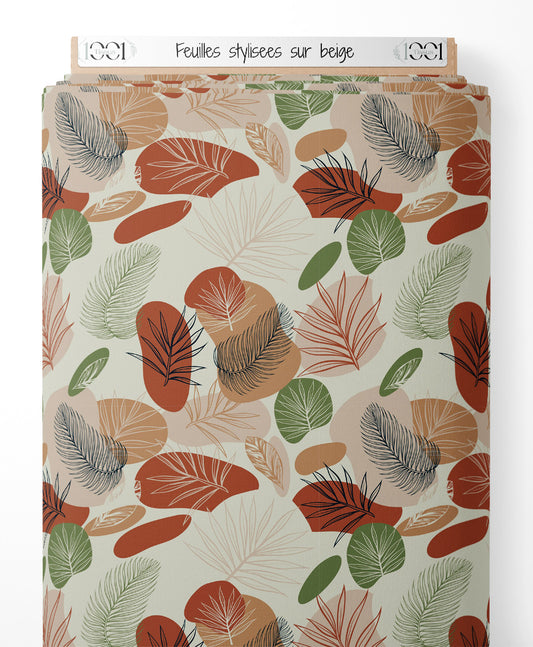 Tissu - Feuilles stylisées sur beige