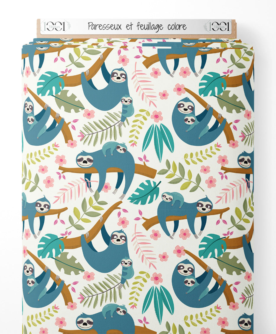 Tissu - Paresseux et feuillage coloré