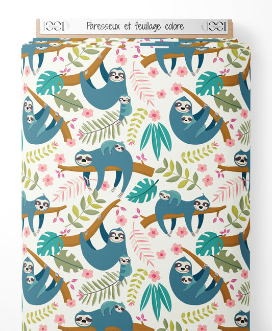 Tissu - Paresseux et feuillage coloré