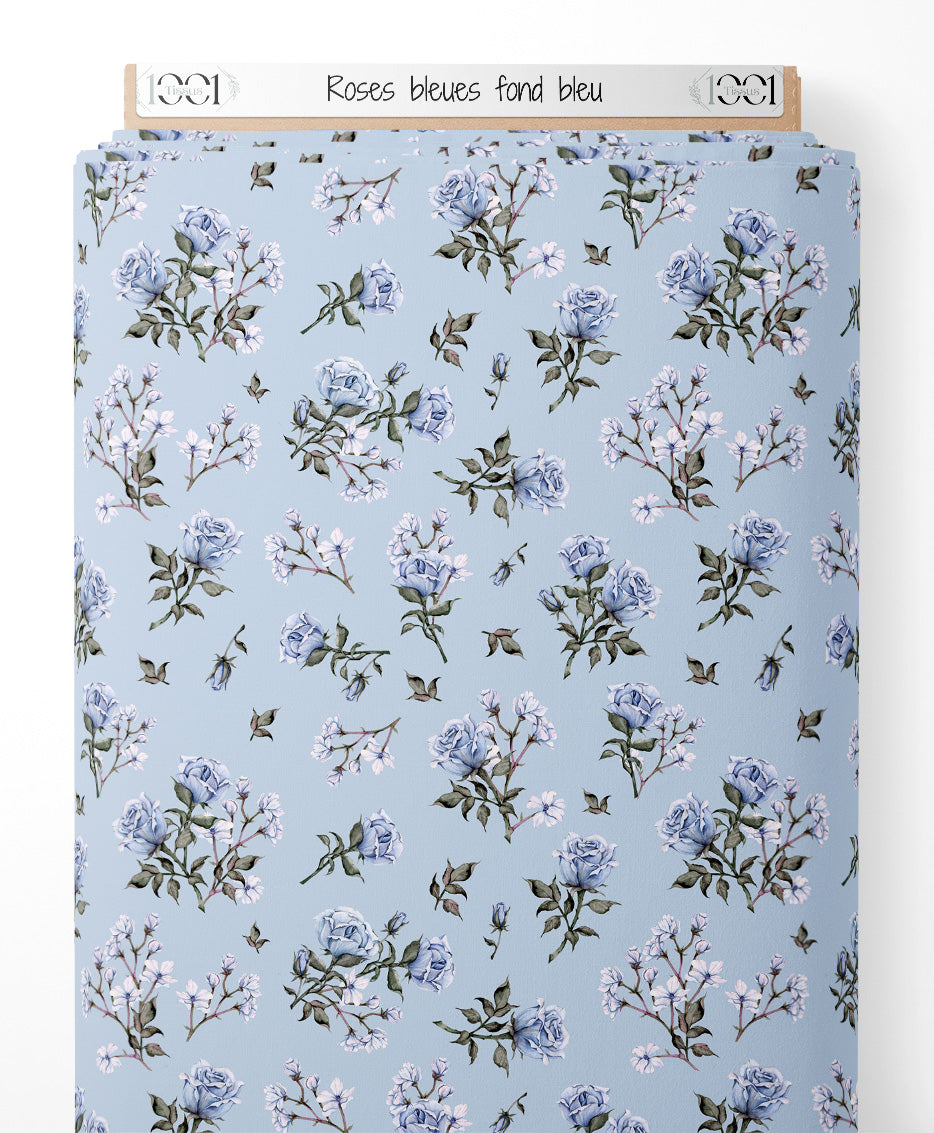 Tissu - Roses bleues sur fond bleu