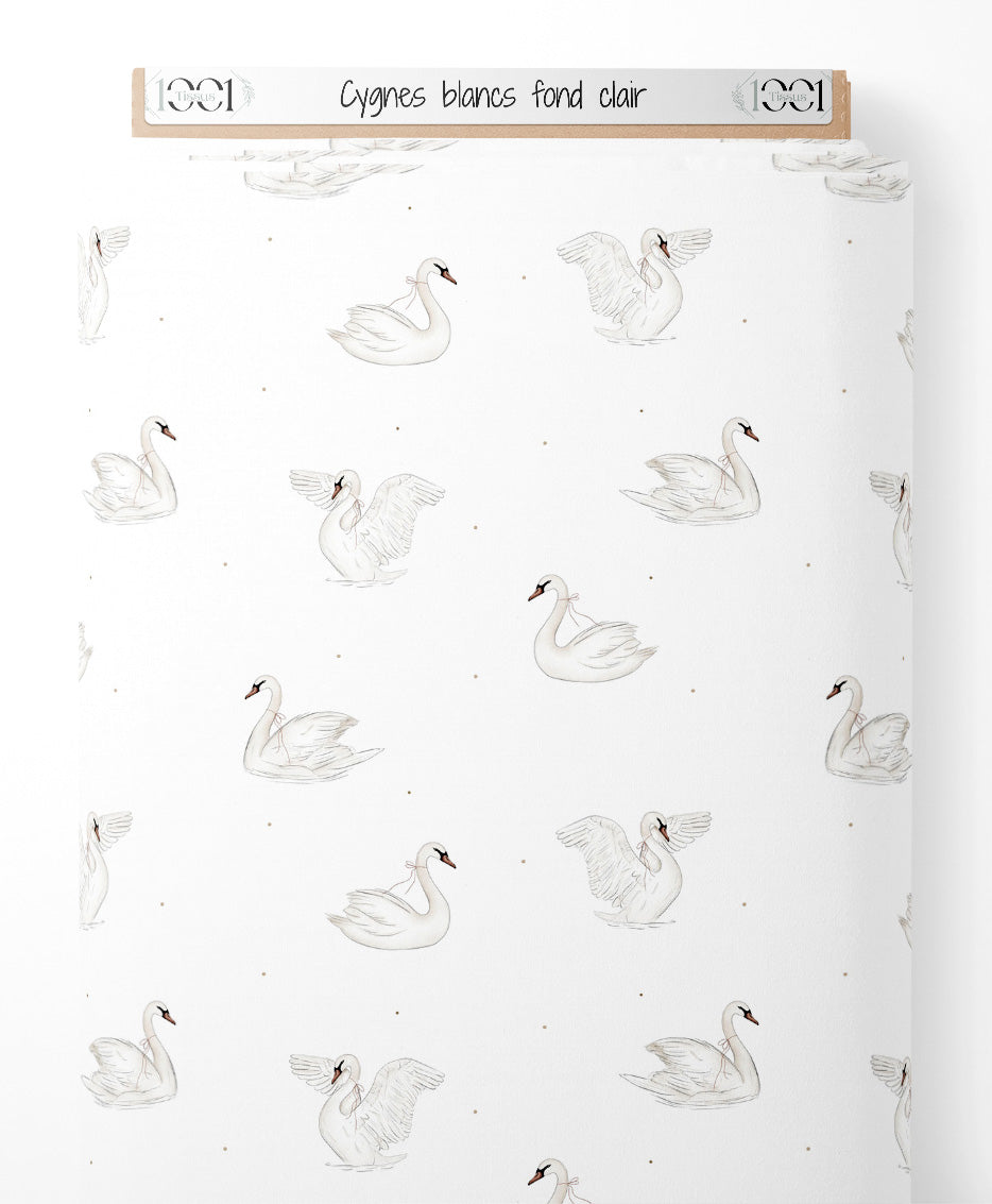 Tissu - Cygnes blancs sur fond clair