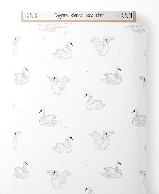 Tissu - Cygnes blancs sur fond clair