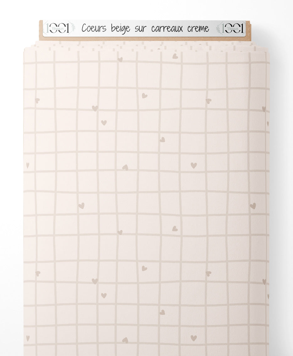 Tissu - Cœurs beige sur carreaux crème
