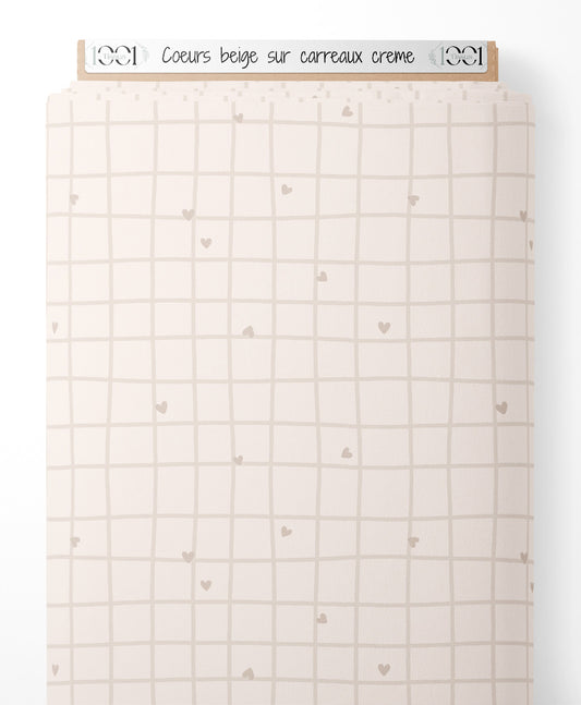 Tissu - Cœurs beige sur carreaux crème
