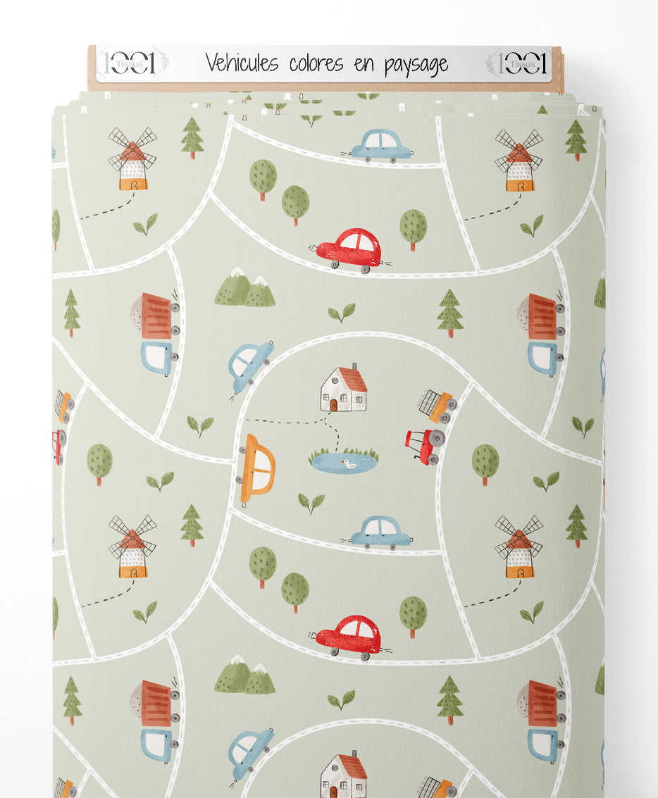 Tissu - Véhicules colorés en paysage