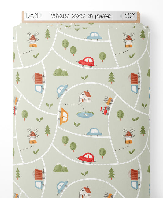 Tissu - Véhicules colorés en paysage