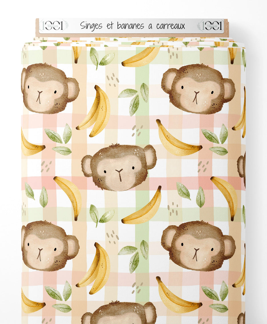 Tissu - Singes et bananes à carreaux