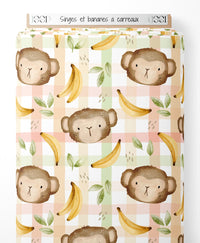 Tissu - Singes et bananes à carreaux