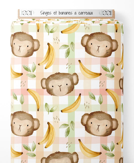 Tissu - Singes et bananes à carreaux