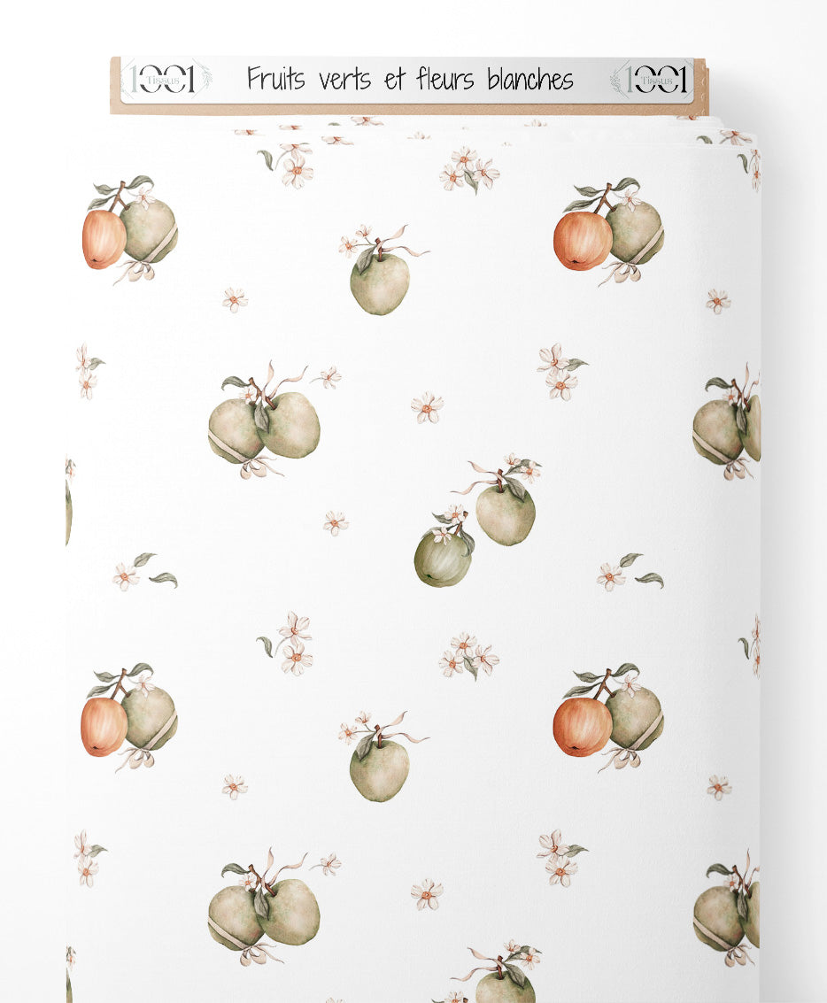 Tissu - Fruits verts et fleurs blanches