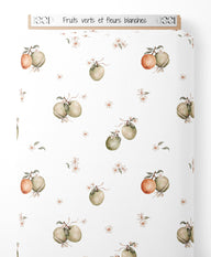 Tissu - Fruits verts et fleurs blanches