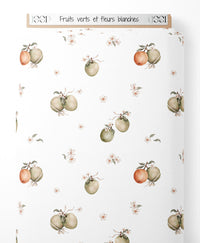 Tissu - Fruits verts et fleurs blanches