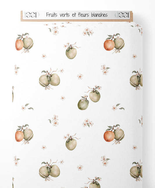 Tissu - Fruits verts et fleurs blanches