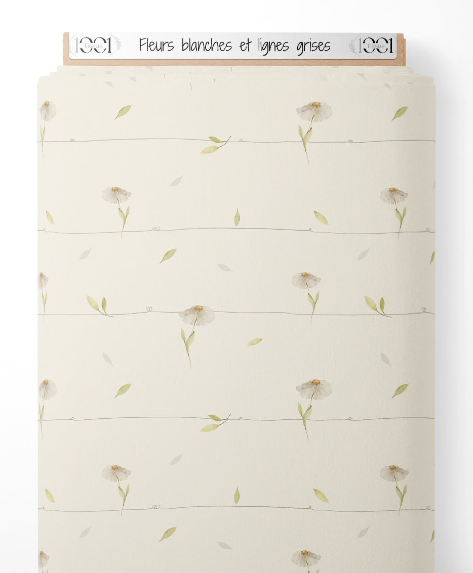 Tissu - Fleurs blanches et lignes grises
