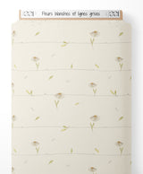 Tissu - Fleurs blanches et lignes grises