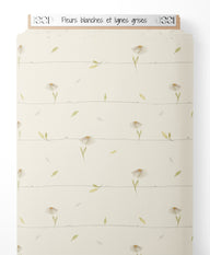 Tissu - Fleurs blanches et lignes grises