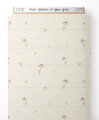 Tissu - Fleurs blanches et lignes grises