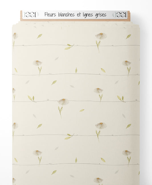 Tissu - Fleurs blanches et lignes grises