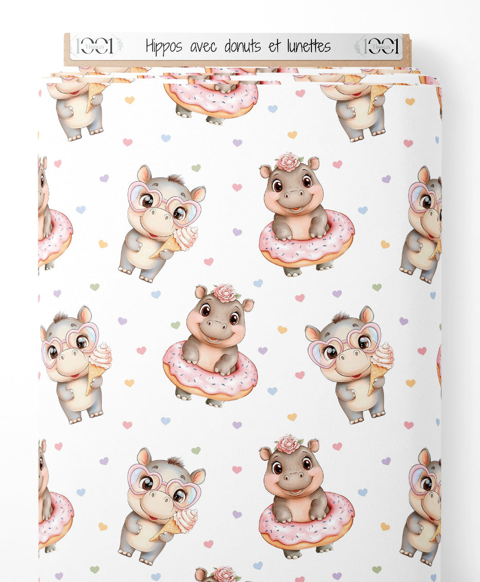 Tissu - Hippos avec donuts et lunettes