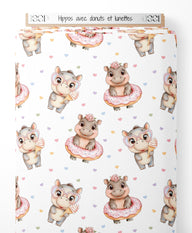 Tissu - Hippos avec donuts et lunettes