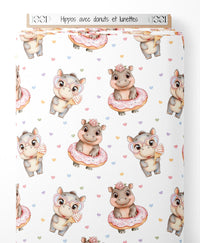 Tissu - Hippos avec donuts et lunettes