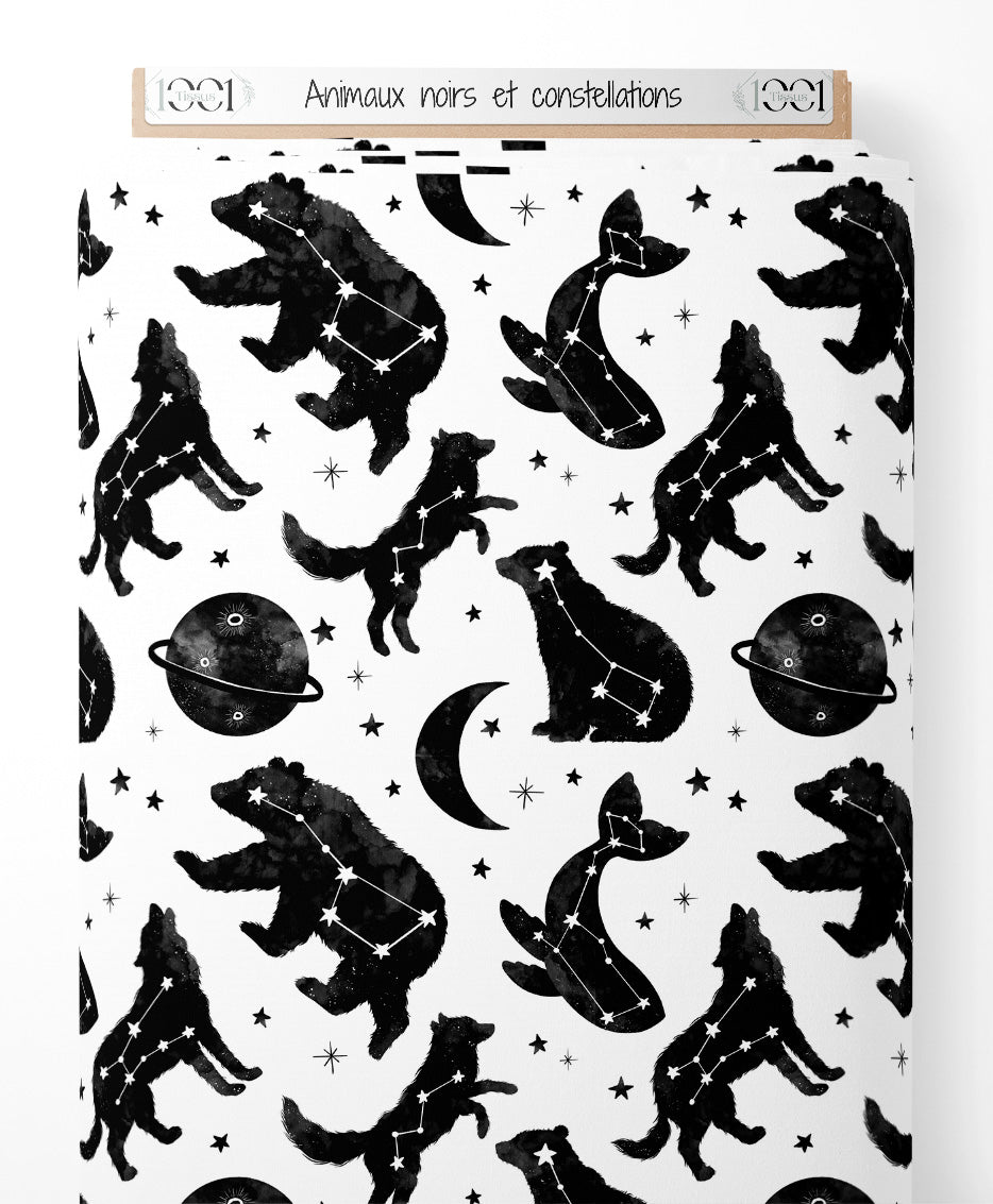 Tissu - Animaux noirs et constellations