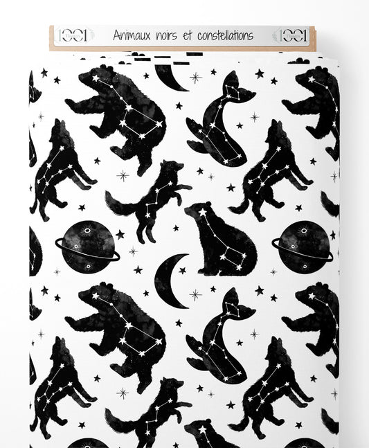 Tissu - Animaux noirs et constellations