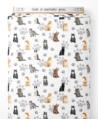 Tissu - Chats et empreintes grises
