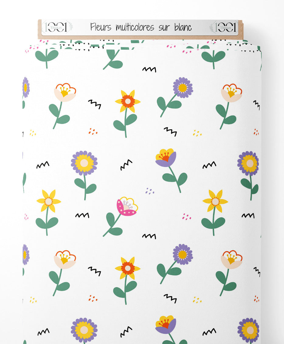 Tissu - Fleurs multicolores sur blanc