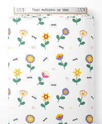 Tissu - Fleurs multicolores sur blanc