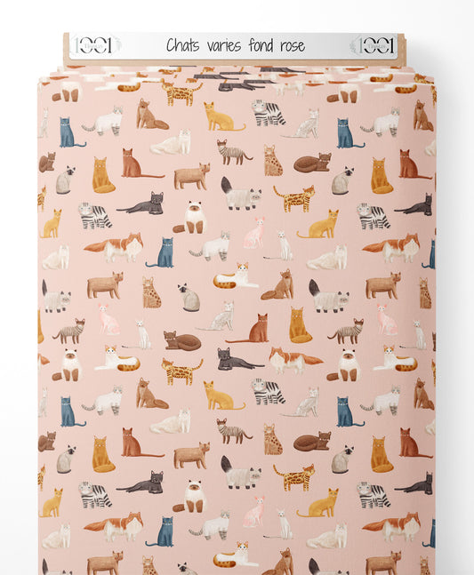 Tissu - Chats variés fond rose