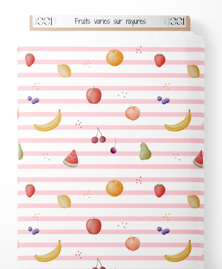 Tissu - Fruits variés sur rayures