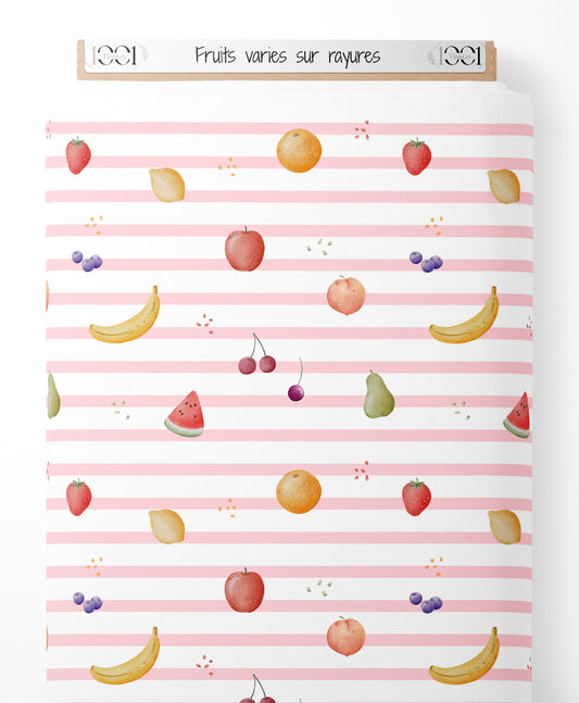 Tissu - Fruits variés sur rayures