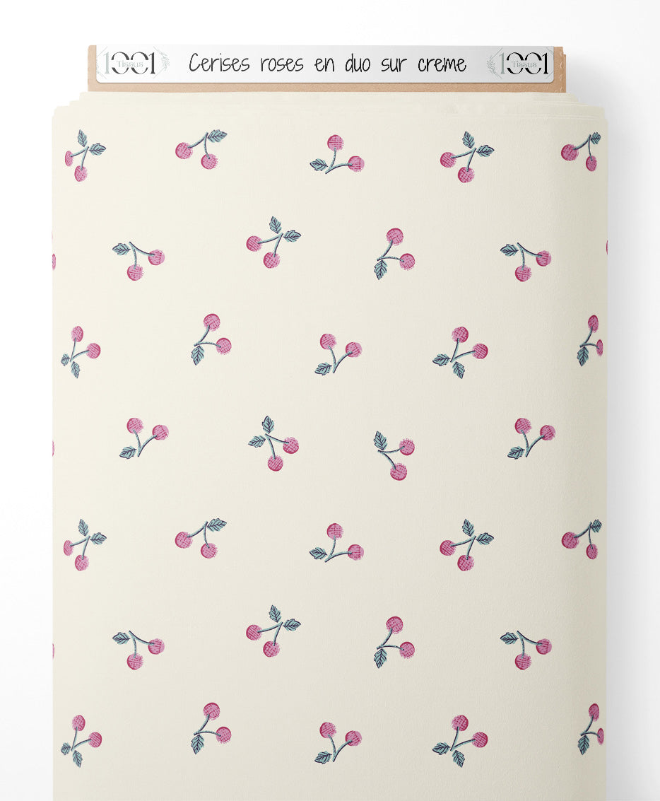 Tissu - Cerises roses en duo sur crème