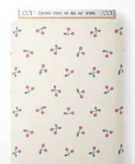 Tissu - Cerises roses en duo sur crème