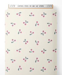 Tissu - Cerises roses en duo sur crème
