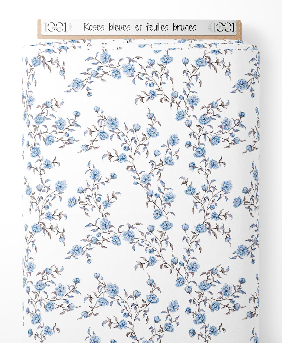 Tissu - Roses bleues et feuilles brunes