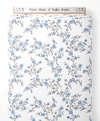Tissu - Roses bleues et feuilles brunes