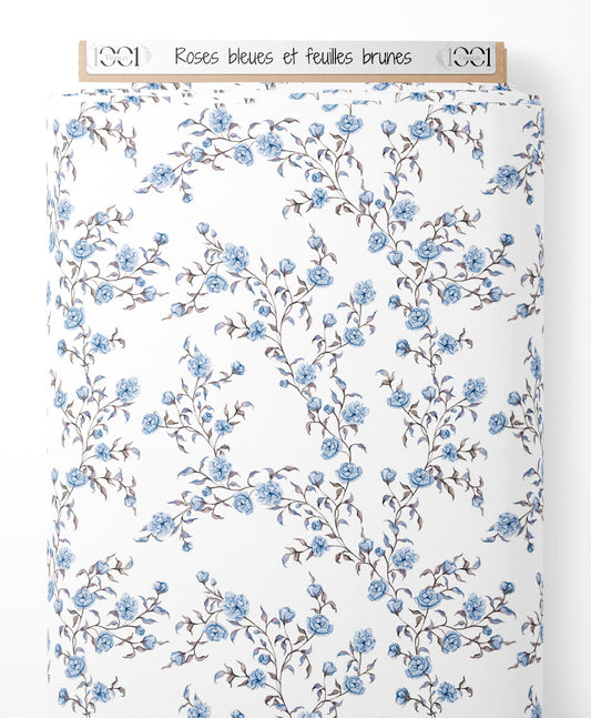 Tissu - Roses bleues et feuilles brunes