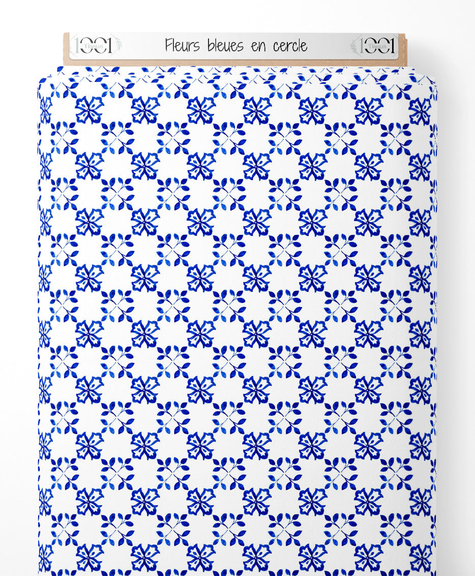 Tissu - Fleurs bleues en cercle