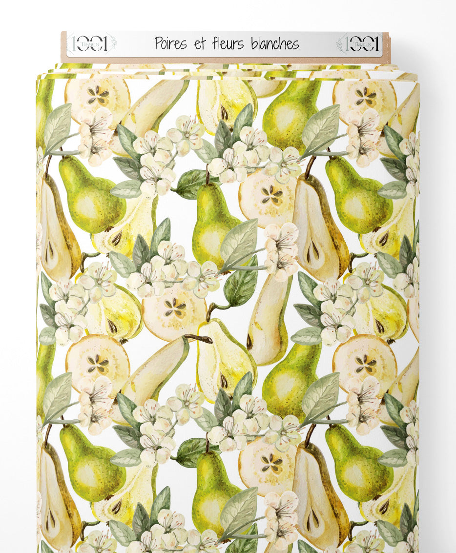 Tissu - Poires et fleurs blanches