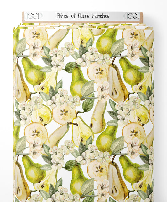 Tissu - Poires et fleurs blanches