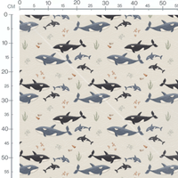 Tissu - Orques et baleines sur fond beige